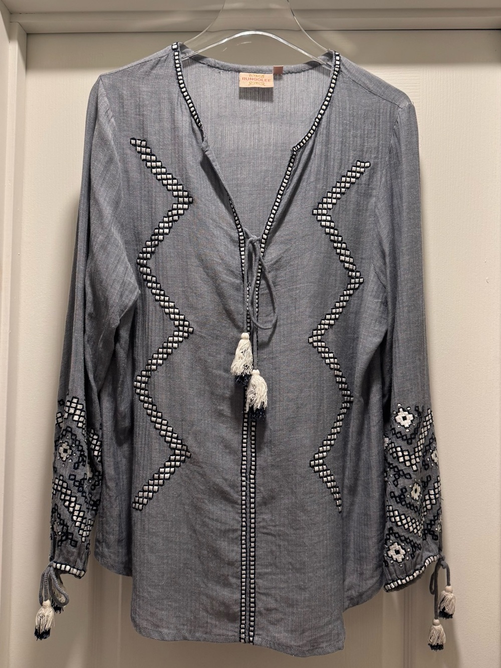 Women’s Boho Embroidered  Tunic Top with Tassels by Runglee, L